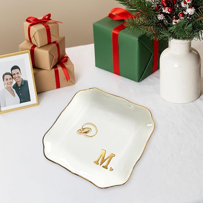 OASSIE Valentines Day Gifts for Her - 4"x4" Initials Ceramic Jewelry Dish Tray Letter M - Engagement Gift for Couples, Wedding Bridal Shower Gift for Bride, Monogrammed Gifts for Women Friends Mom