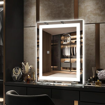 HNV 22"x20" Lighted Vanity Mirror – Large Makeup Mirror with 3-Color Dimmable LED Lights, 10X Magnification, Touch Control, Tabletop or Wall Mount Mirror for Bedroom & Dressing Room (White)