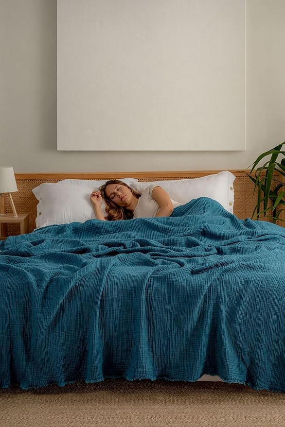 Muslin Blanket - Pure 100% Turkish Cotton Airy Soft Light Versatile Gauze Throw Blanket for Bed, Couch, Sofa (Petrol Blue, California King Size (95" x 125" inch))