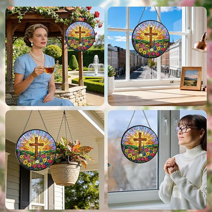 Rngmsi Christian Glass Window Hanging, 8 Inch Sun Catcher Cross Religious Gift for Housewarming, Decorative Suncatchers Gifts for Women Men Wall Art Home Decor