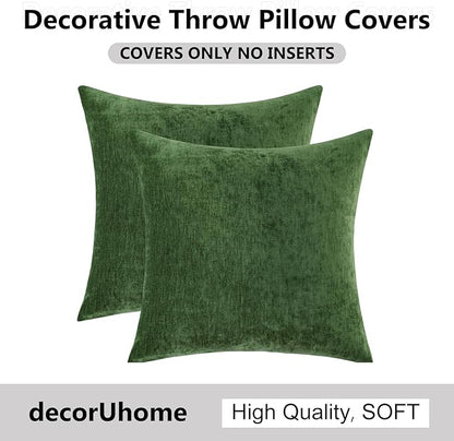 decorUhome Chenille Moss Green Spring Throw Pillow Covers 16x16 Inch Set of 2, Decorative Soft Couch Pillow Covers Solid Dyed Accent Farmhouse Neutral Square Pillow Cases for Sofa