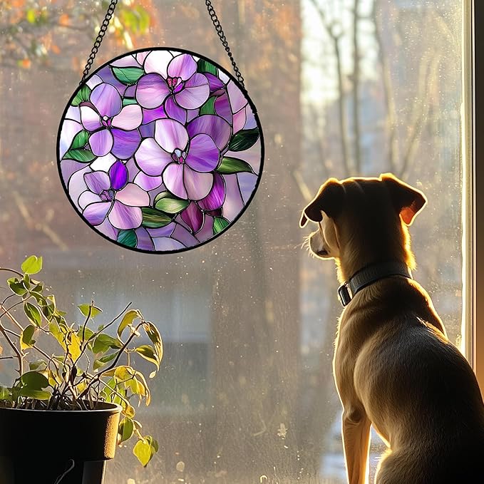 DASTOLL Stained Glass Window Hanging 4 Pcs Set Purple Flower Theme 9.8" - Tulip Suncatcher Door Garden Sun Catcher Decor Birthday Christmas for Plant Lovers Woman Nana Men