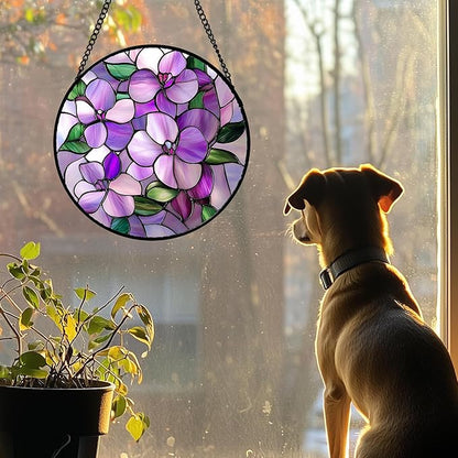 DASTOLL Stained Glass Window Hanging 4 Pcs Set Purple Flower Theme 9.8" - Tulip Suncatcher Door Garden Sun Catcher Decor Birthday Christmas for Plant Lovers Woman Nana Men
