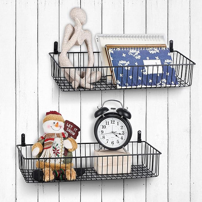Wetheny Farmhouse Decor Metal Wire Organizer Storage Basket (2 Pack)-Toilet Paper Storage-Organization and Storage for Bedroom, Bathroom, Kitchen Cabinets, Pantry, Laundry Room, Closets (Black)