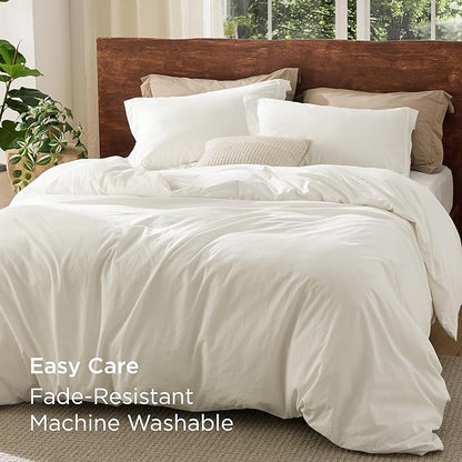 Bedsure 100% Washed Cotton Duvet Cover Full Size - Ivory Minimalist Cotton Duvet Cover Linen Like for All Seasons - GentleSoft™ Plain Simple Bedding, 3 Pieces (Ivory, Full, 80"x90")