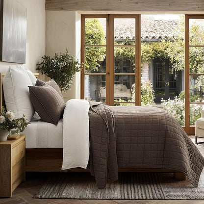 EVERGRACEHOME 100% Cotton Box Stitch Quilt Bedding Set King Size 3 Pieces, Garment-Washed Lightweight Soft Cozy Coverlet, Oversized Quilted Bedspread Sets with 2 Shams for All Season, Cocoa Brown