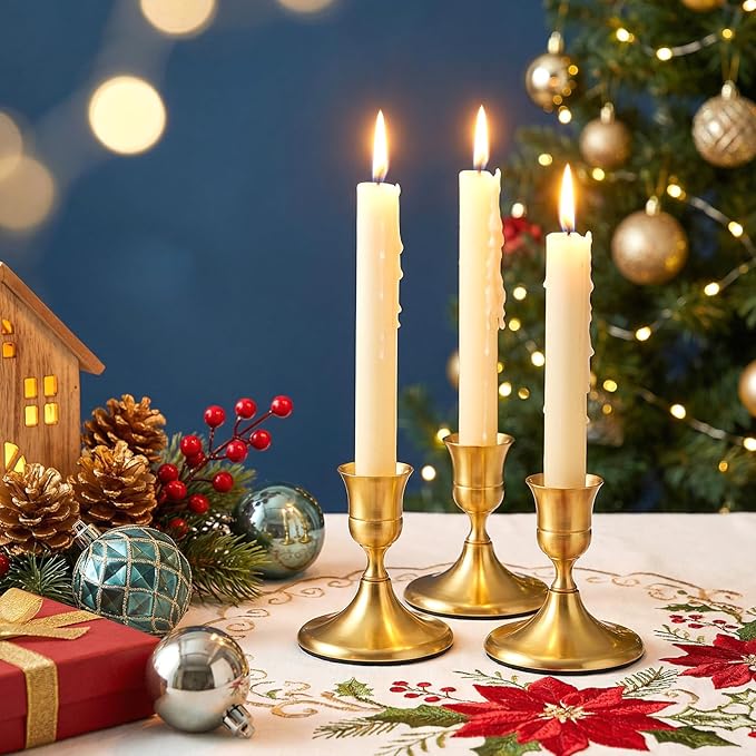 12 Pcs Gold Brass Taper Candle Holders Vintage Metal Candlestick Holders Set for Wedding Table Centerpiece, Christmas Mantel, and Home Decor
