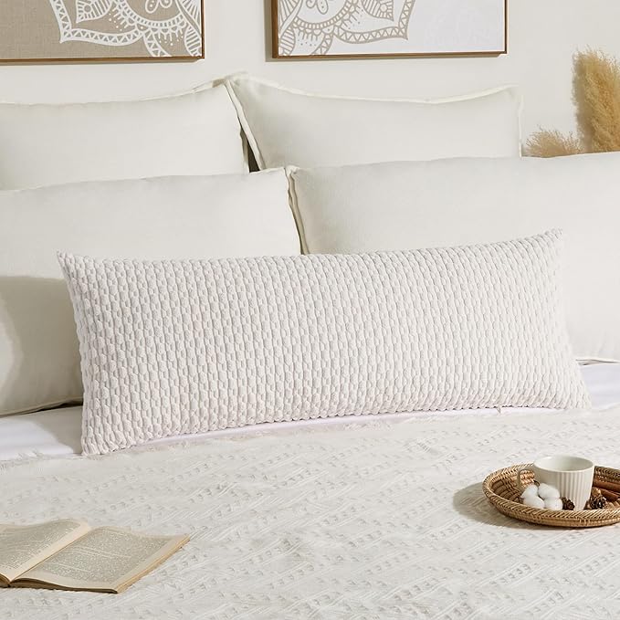Kevin Textile 20x54 Inch Long Body Lumbar 1 Pack Boho Decorative Throw Pillow Cover Soft Striped Corduroy Rectangle Cushion Case Farmhouse Accent for Living Room Couch Sofa Bed, Pure White