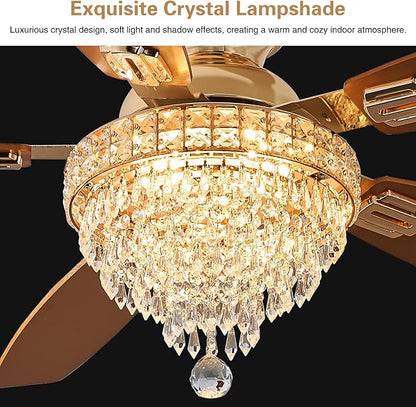 Crystal Ceiling Fan Fandelier with Lights-Ceiling Fans,50" Low Profile and Remote Control, Flush Mount, Reversible, Dimmable, Noiseless, Gold Ceiling Fan for Bedroom