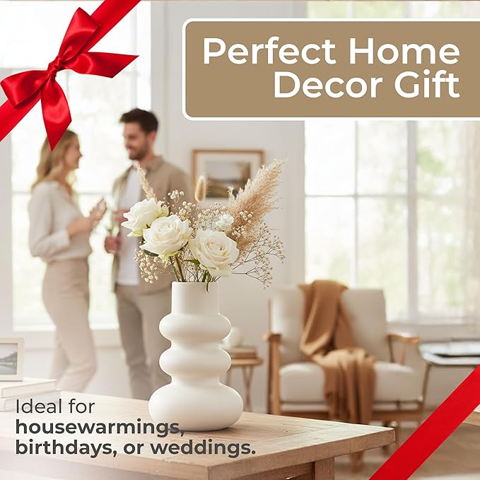 Sagebrook Home Stoneware Decorative Vase - Modern Sculptural Dolomite Flower Holder for Home & Office - 10" Ivory