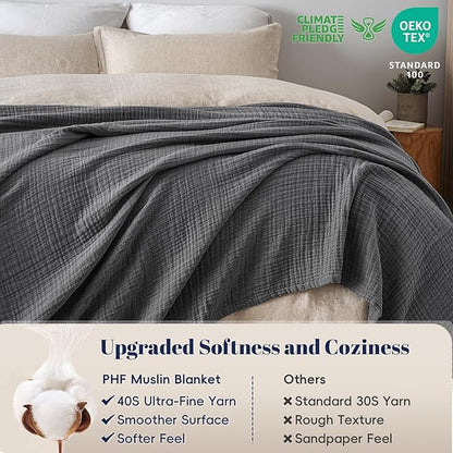 PHF 100% Cotton Muslin Blanket Queen Size 90"x90", 4-Layer Lightweight Gauze Throw, Breathable Cloud-Soft Minimalist Blanket for Bed, Couch, Camping & Baby, Greyish Black, Ideal Gift