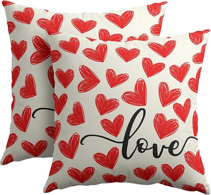 Valentines Day Pillow Covers 16x16 Set of 2 Red Heart Throw Pillow Covers Love Pillowcase Linen Decoration Farmhouse Holiday Cozy Soft Cushion Case Couch for Indoor Outdoor Home Decor
