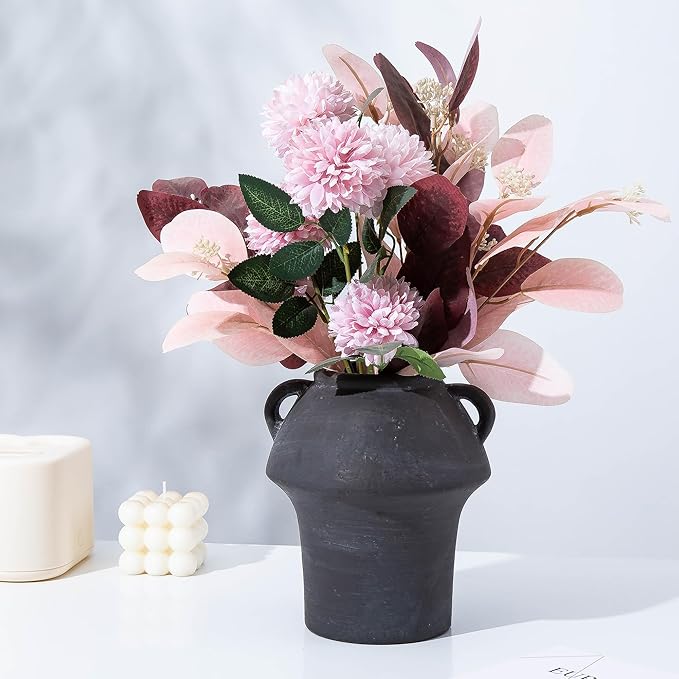 Black Vases Home Decor - Ceramic Vase for Flowers - Decorative Vase with Handle - Unique Fall Vase for Centerpieces, Farmhouse Vintage House for Pampas Grass
