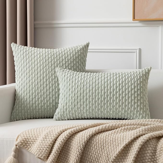 Kevin Textile Pack of 2 Corduroy Decorative Throw Pillow Covers 24x24 Inch Soft Boho Striped Pillow Covers Modern Farmhouse Home Decor for Spring Sofa Living Room Couch Bed Light Green