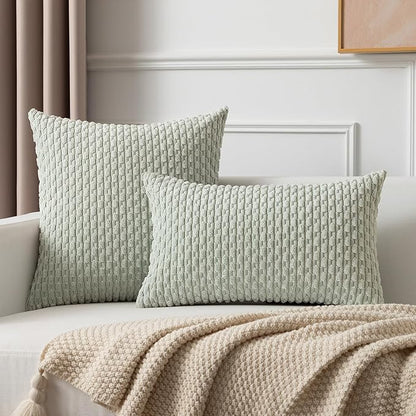 Kevin Textile Pack of 2 Corduroy Decorative Throw Pillow Covers 16x16 Inch Spring Soft Boho Striped Pillow Covers Modern Farmhouse Home Decor for Spring Sofa Living Room Couch Bed Light Green