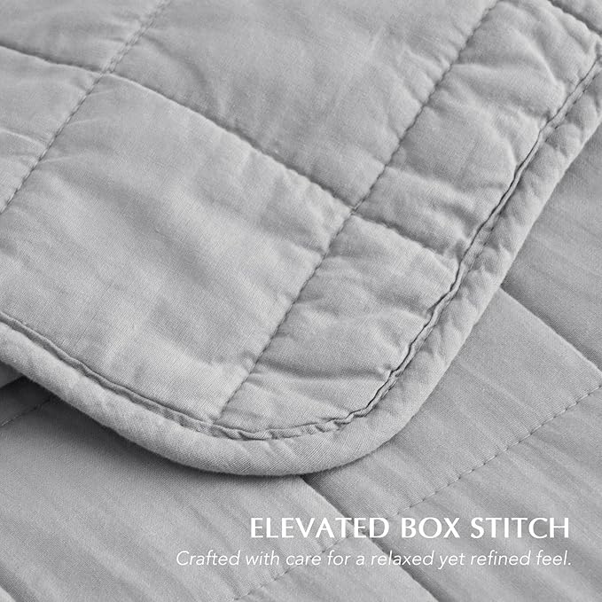 EVERGRACEHOME 100% Cotton Box Stitch Quilt Bedding Set Queen Size 3 Pieces, Garment-Washed Lightweight Soft Cozy Coverlet, Quilted Bedspread Sets with 2 Shams for All Season, Fog Gray