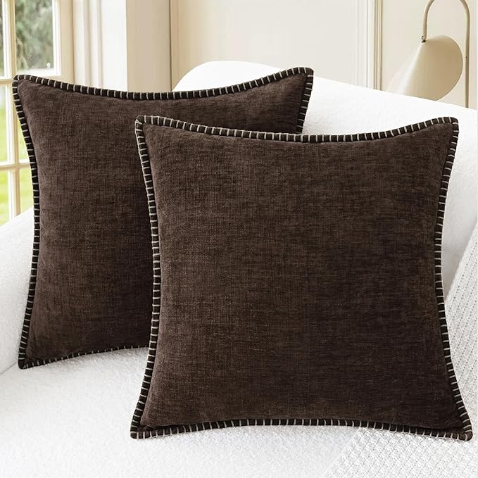 CaliTime Throw Pillow Covers Decorative 18 X 18 Inches Pack of 2 Cotton Thread Stitching Edges Solid Dyed Soft Chenille Cushion Cases for Couch Sofa Bed Living Room Farmhouse Coffee
