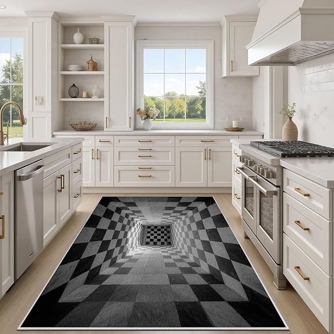 3D Rug 4x5, Plaid Soft Ultra Soft Faux Wool Low Pile Optical Illusion Rug, Indoor Floor Mats Abstract Geometric Carpet, Non-Slip Stain Resistant Washable Rugs, Modern Gray Rugs for Living Room