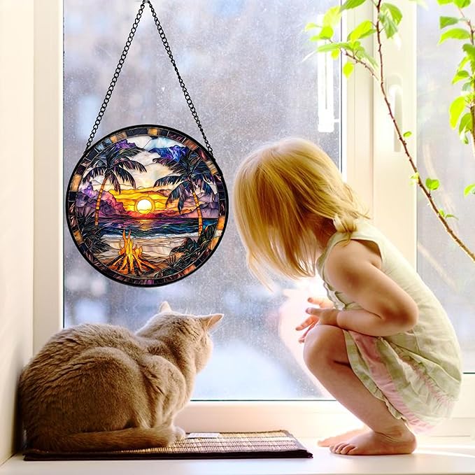 DASTOLL Stained Glass Window Hanging,Bonfire Beach Landscape Suncatcher Diamond Glass Panel Sun Catchers Decor for Birthday for Women, Men, Wife, Aunt, and Mom 11.8x11.8 in