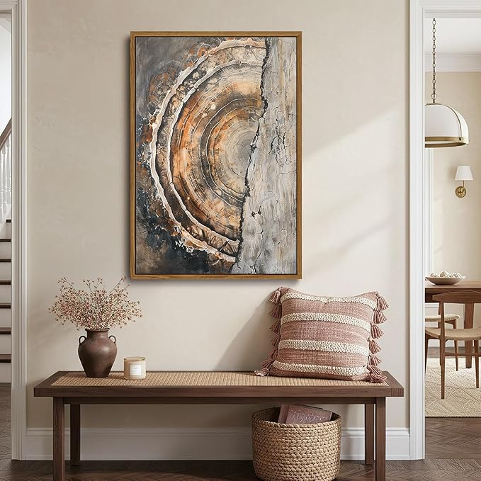 IBHJSART Framed Tree Ring Canvas Wall Art Vintage Colorful Wood Stump Painting Prints Modern Minimalist Pictures Neutral Nature Rustic Farmhouse Decor Living Room Bedroom Bathroom Office
