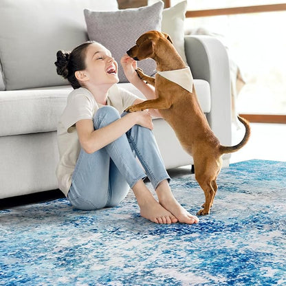 5x7 Washable Area Rugs - Living Room Rug Neutral Modern Abstract Large No Slip Soft Thin Rug Indoor Floor Carpet for Bedroom Under Dining Table Home Office Nursery Room - Blue White