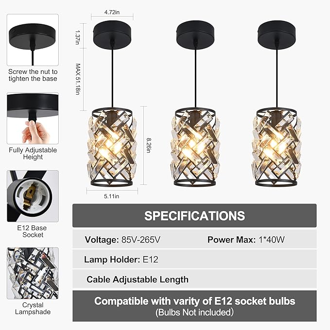 3 Pack Black Pendant Lights Kitchen Island, Kitchen Island Dining Room Light Pendant Lighting Fixtures High end Crystal Chandelier Over Island Table Modern Hanging Light for Bar Dining Room