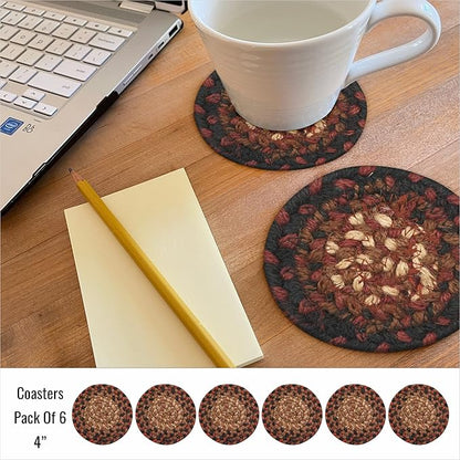 Homespice Prescott Jute Braided Coasters 4", Warm Primitive Decor, Set of 6, Black and Red - Durable, Absorbs Moisture, Easy to Clean and Protects Furniture