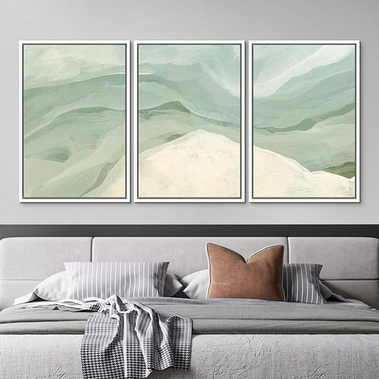 MUDECOR Framed Wall Art Print Set Pastel Waves Blue and White Tones Illustrations Modern Art Boho Decorative Colorful Chic for Living Room, Bedroom, Office - 24"x36"x3 White