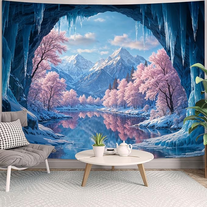 kampdream Fantasy Winter Scenery Tapestry, Ice Cave Landscape with Frozen Lake and Cherry Blossom Forest Wall Hanging, Landscape Nature Home Decor for Bedroom and Living Room Wall Art Decoration