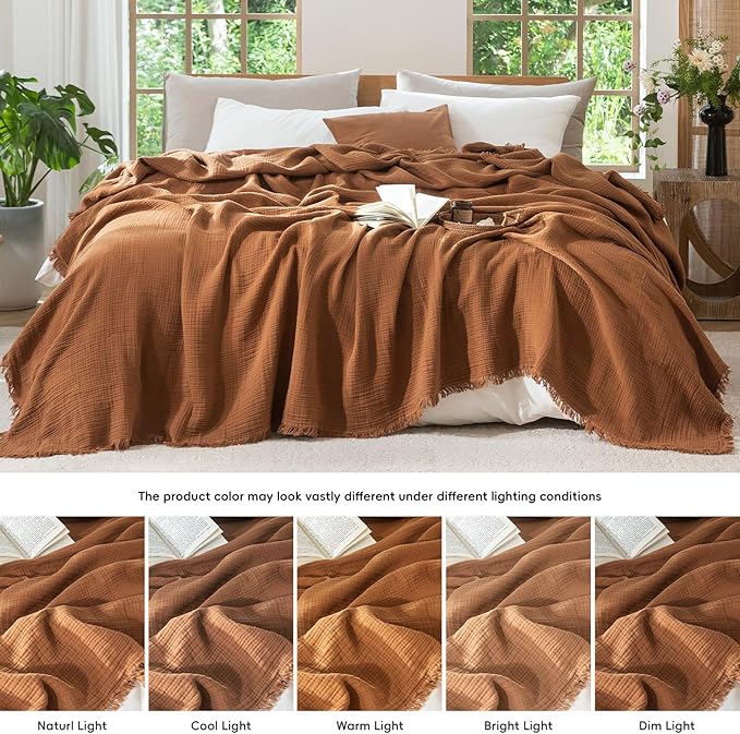 MooMee Muslin Blanket - 100% Cotton 4-Layer Gauze Throw Blanket with All-Around Fringe, Ultra-Soft Breathable Lightweight Cooling Decorative for Bed, Sofa & Couch (Drak Orange,Throw 60" x 50")