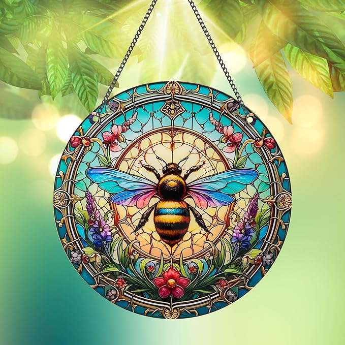 Bee Window Hangings Decor - Acrylic Sun Catcher Ornaments with Hook & Chain,Art SunCatcher Pendant for Gifts Indoor Outdoor Home Wall Living Room Spring Summer Decoration (Colorful Bee)