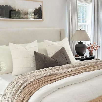 YCOLL Textured Boucle Throw Pillow Covers 18x18 Pack of 2 - Soft Neutral Striped Cushion Covers, Cozy Accent Decorative Pillow Covers for Couch, Sofa, Bed, Living Room (Ivory)