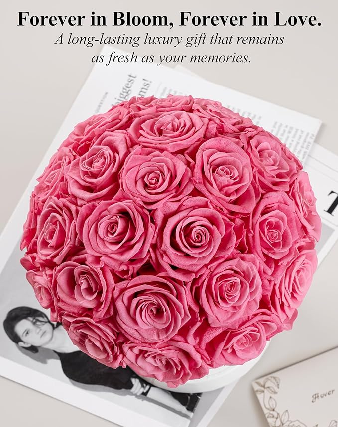 27 Forever Roses Dome in Luxury White Box, Eternal Real Roses Birthday Gifts for Women, Preserved Flowers for Delivery Prime, Anniversary, Valentine's Day, Mothers Day for Mom (Pink)