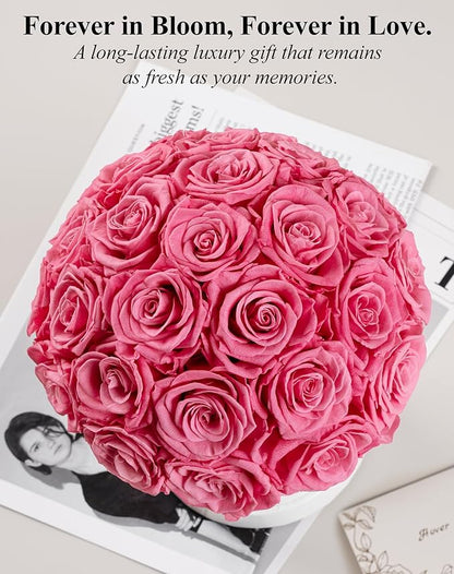 27 Forever Roses Dome in Luxury White Box, Eternal Real Roses Birthday Gifts for Women, Preserved Flowers for Delivery Prime, Anniversary, Valentine's Day, Mothers Day for Mom (Pink)