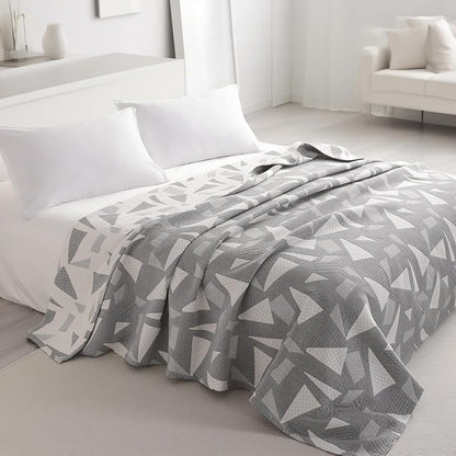 NTBAY 3 Layers Cotton Muslin 88x92 Queen Bed Blanket, Super Soft Breathable Thermal Yarn Dyed Quilt for Adults, Perfect Lightweight Blanket for Couch Sofa Bed All Seasons, Grey Triangle