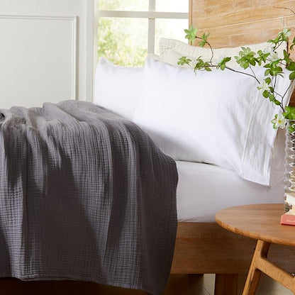 100% Cotton Muslin Twin Size Blanket | Soft, Breathable, and Lightweight Bed Blanket for All-Season | Perfect for Layering | Maria Collection (Twin, Charcoal)