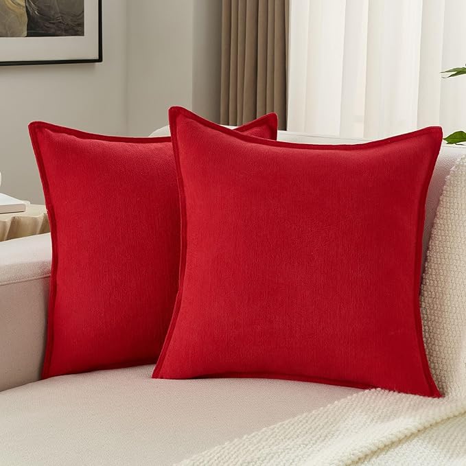 FUTEI Christmas Red Chenille Throw Pillow Covers 22x22 Inch Set of 2,Edges Double-Stitched Cushion Cases,Modern Home Decor for Couch Living Room