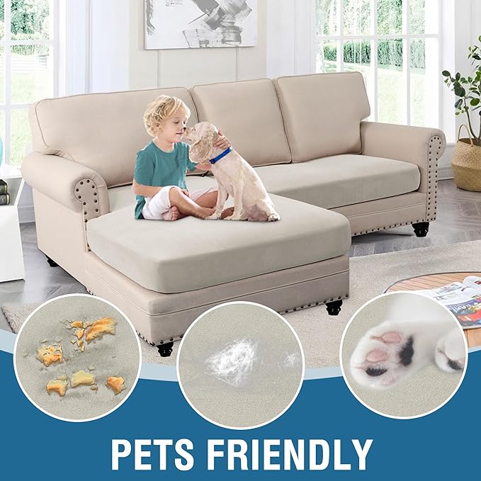 H.VERSAILTEX Fleece 2 Piece Sectional Couch Covers L Shape Stretch Couch Cushion Covers Thick and Soft Sofa Covers for Sectional Sofa Set Washable (2 Seater + 1 Chaise, Pale Oak)