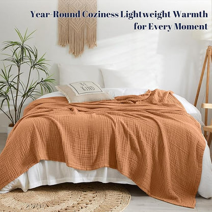 PHF 100% Cotton Muslin Blanket King Size 108"x90", 4-Layer Lightweight Gauze Throw, Breathable Cloud-Soft Minimalist Blanket for Bed, Couch, Camping & Baby, Caramel, Ideal Gift