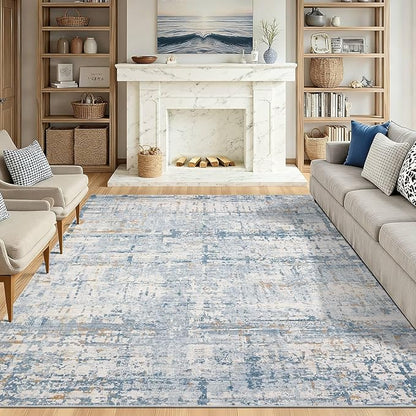 5x7 Area Rugs for Bedroom Living Room,Non-Slip Washable Rug, Modern Abstract Blue Rugs for Dining Room, Foldable Thin Indoor Carpet Stain Resistant(Blue Beige)