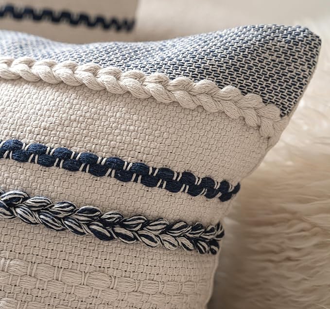 Boho Throw Pillow Covers 12x20 Inch Set of 2, Navy Blue Textured Decorative Couch Pillow Cases for Farmhouse Home Decor, Accent Cushion Cover for Sofa, Bed, Living Room, Bedroom