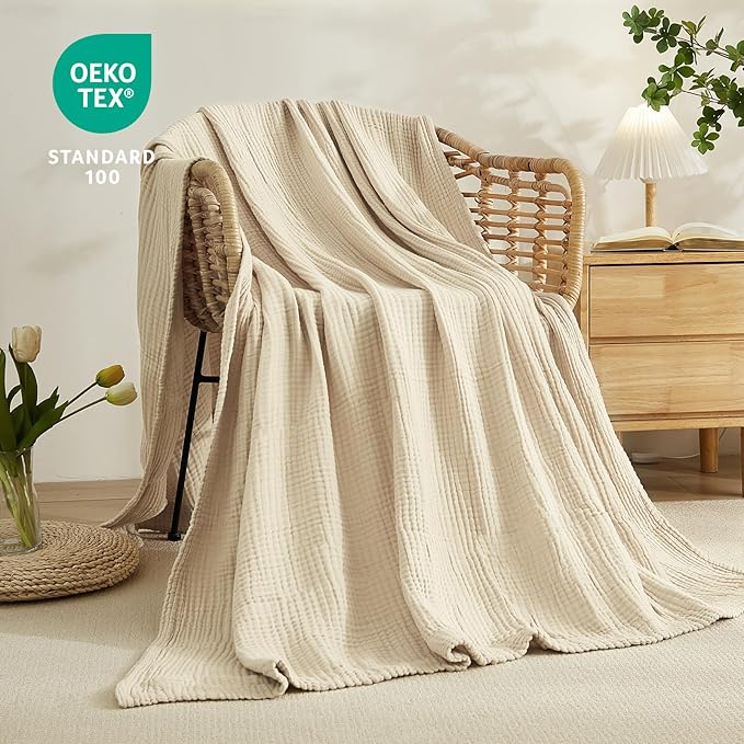 EMME Cotton Bed Blanket Twin Size Soft Muslin Boho Bedding Lightweight Breathable Light Tan Twin Blanket All Season Gauze