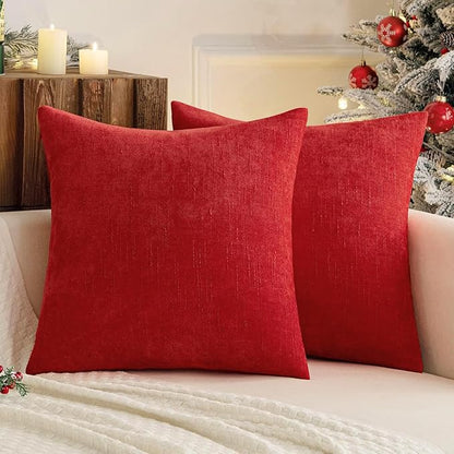 MIULEE Pack of 2 Christmas Decorative Throw Pillow Covers Soft Chenille Throw Pillows Solid Textured Cushion Covers for Couch Sofa Bedroom Living Room 20x20 Inch, Red