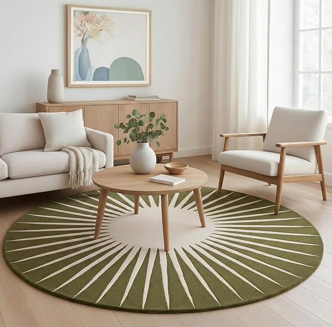 Modern Round Area Rug – Hand-Tufted with 100% NZ Wool, Thick & Soft Circular Carpet for Living Room, Bedroom & Dining Room Decor (Moss Green, 5' Round)