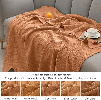 PHF 100% Cotton Muslin Blanket Queen Size 90"x90", 4-Layer Lightweight Gauze Throw, Breathable Cloud-Soft Minimalist Blanket for Bed, Couch, Camping & Baby, Caramel, Ideal Gift