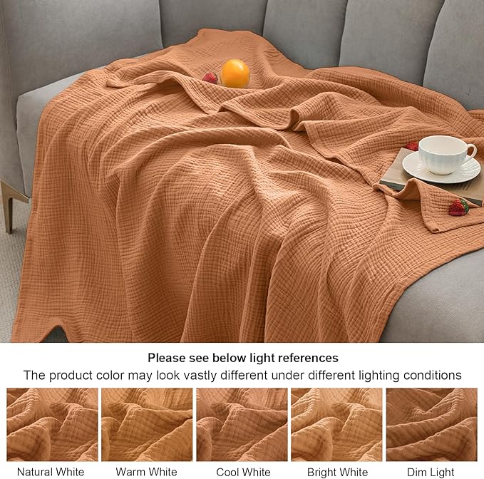 PHF 100% Cotton Muslin Blanket King Size 108"x90", 4-Layer Lightweight Gauze Throw, Breathable Cloud-Soft Minimalist Blanket for Bed, Couch, Camping & Baby, Caramel, Ideal Gift