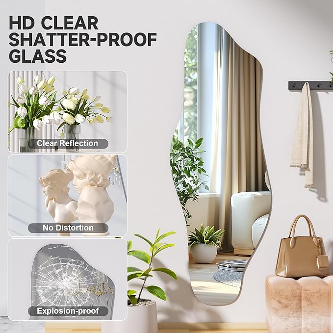 Hasipu Irregular Wall Mirror, 55"x20" Asymmetrical Frameless Mirror, Modern Decorative Mirrors for Living Room, Entryway, Hallway, Bathroom, Bedroom,Wall Mounted Home Decor