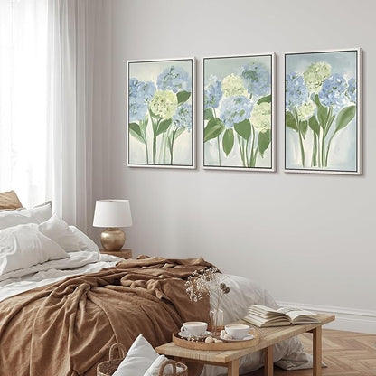 MUDECOR Framed Wall Art Print Set Blue Hydrangea Floral Botanical with Green Leaves Illustrations Modern Art Boho Decorative Colorful Chic for Living Room, Bedroom, Office - 16"x24"x3 White