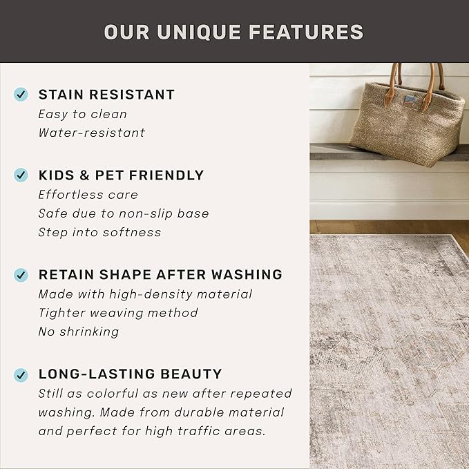 Washable 4x6 Rug for Small Living Room, Area Rug for Kitchen, Bedside, Large Entryway Indoor - Stain Resistant Non Slip with Rubber Backing, Unique Floral Aethestic Décor, Light Brown & Beige