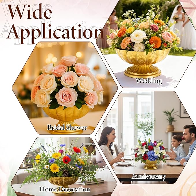 Gold Flower Vases for Centerpieces, Gold Flower Vase for Wedding Centerpieces 2 Packs Golds Metal Urn Vase for Flowers 7'' Wide 3.94'' High Distressed Golds Compote Pedestal Vases for Celebration